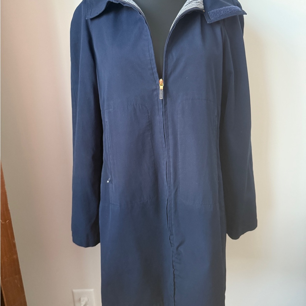 Ralph Lauren EUC Knee Length Navy Zip Trench Coat w/Hood Women's M Preppy